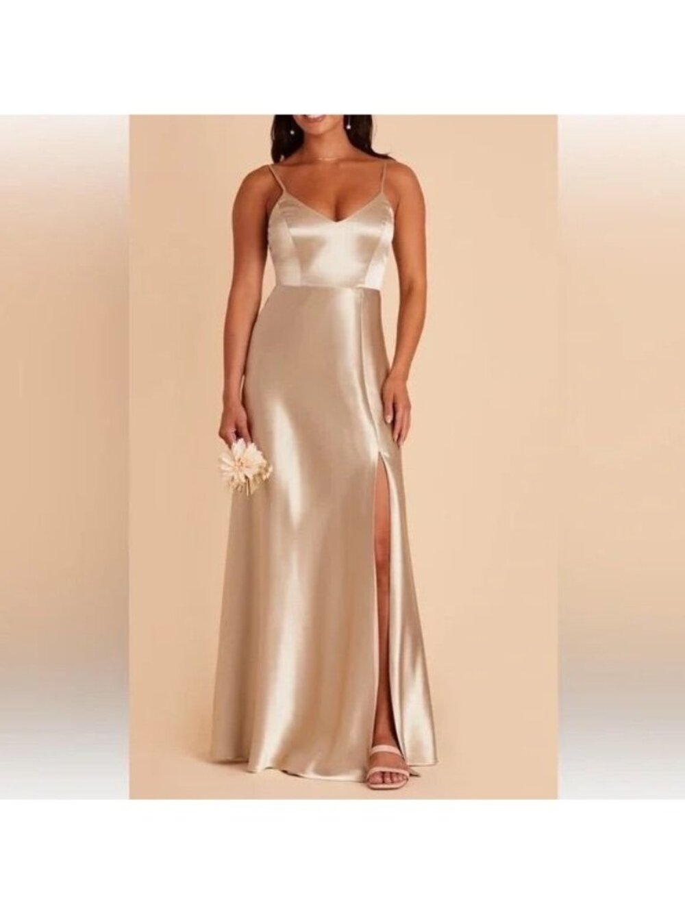 Birdy Grey Gold Satin Formal Spaghetti Straps Side Slit Gathered Waist Elegant M